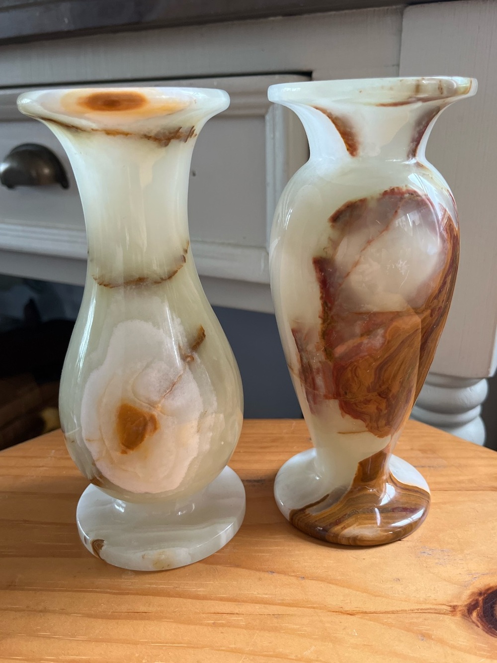 Pair of Vintage Alabaster Stone Vases Onyx Pale Two Marble Carved Handmade